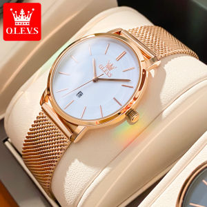 OLEVS Jam Tangan Wanita Tahan Air 2024 Terbaru Ultra-Thin Asli Minimalis Kekinian Korea Elegan Casual Kalender Rose Gold Sabuk Baja