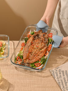 Heat Resistant Glass Baking Tray Rectangular Fish Steaming Dish Microwave Oven Special Container Double Ear Baking Tray