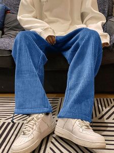 Mens Drawstring Corduroy Casual Pants Loose Fit Wide Leg Pleated Micro Stretch Polyester Autumn Spring Seasonal Leisure Trousers