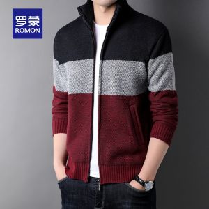 ROMON | Loomen Mens Open Cardigan Sweater Winter Thickened Fleece Warm Zipper Knitted Stand Collar Outerwear Casual Fashion Polyester Fiber