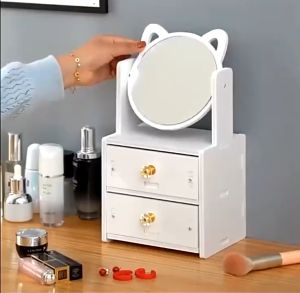 SEAN Small Cat Ear Makeup Mirror With Jewelry Compartment Drawer Cosmetic Organizer Table Cabinet Decor Storage