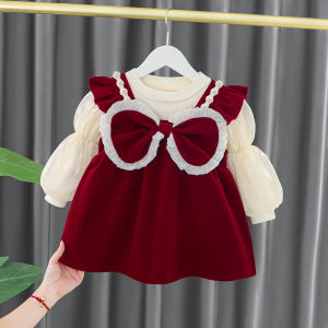 Girls Fleece-lined Dress Winter Outfit 2025 New Bow Princess Skirt Baby One-year-old Red Dress Set Warm Thickened Cotton Princess Dress