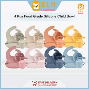 【Local delivery】 baby food-grade silicone bib+silicone bowl+spoon+cup waterproof silicone tableware baby food-grade silicone set