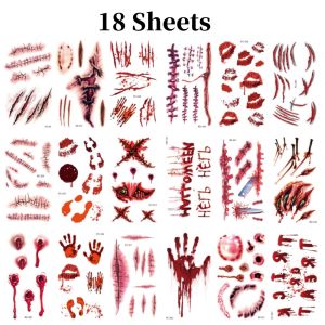 18Sheets Simulation Temporary Fake Bloody Wound Sticker Realistic Terror Wound Halloween Party Temporary Tattoos