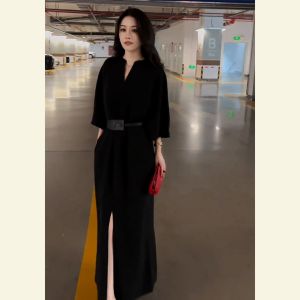 SHANGSHA | Elegant Hepburn Style Black Waist-accentuating Dress