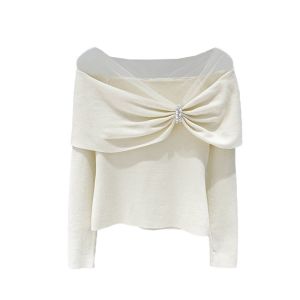 Áo Len Dệt Kim Một Bên Vai Gợi Cảm Kiểu Pháp Thanh Lịch Kiểu Pháp Pure Desire Lưới Đính Ngọc Trai Ngắn Cổ Chữ V Tay Dài Mùa Thu 2025