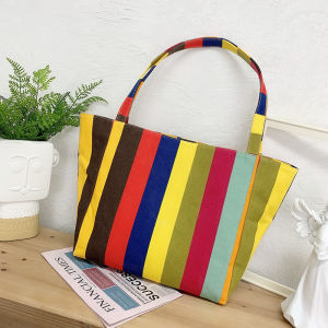 K-style Canvas Shoulder Bag Female Artistic Casual Handbag Large Capacity Zipper Student Bag Niche Style Stripes Bag
