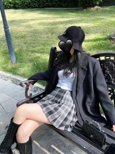 High-Waist Plaid Mijia Black Grey Tweed Skirt Short Female Midwaist A-Line Bottoming Skirt for Birthday Party