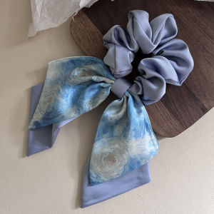 Elegant Blue Satin Hair Ties for Women Painting Starry Sky Design Large Bow Hair Bands Hair Accessories Summer Hair Styling Tools
