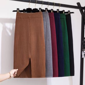 Knitted Skirts for Women with Slit Korean Fashion Office Skirts