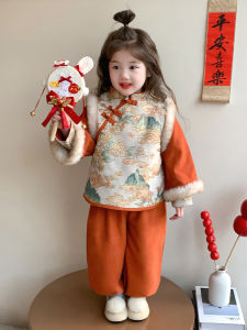 Thickened Fleece Childrens Cheongsam Set New Year Celebration Girls Traditional Chinese Costume Winter Outfit Baby Girls Festive Clothes