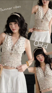 Áo chấm bị nữ ôm dáng cổ v không tay phong cách vintage Embi Miều Est.2013