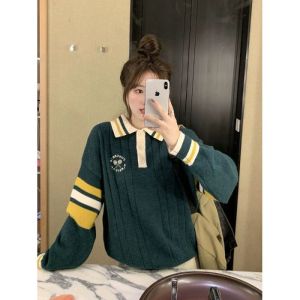Casual Polo Neck Knitted Sweater Vintage Loose Versatile Lazy Style Autumn New Arrival Womens Fashion Polyester Fiber Long Sleeve