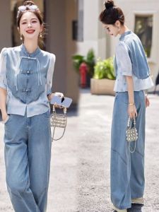 New Chinese Style Summer Thin Denim Set Womens Wide Leg Pants Top Bottoms Two-Piece Suit Fashionable Patchwork Design