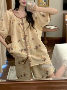 Bộ Đồ Ngủ Tay Ngắn Mùa Hè Phong Cách Hàn Quốc Ngọt Ngào Cho Nữ Bộ Đồ Mặc Nhà Rộng Rãi Họa Tiết Hoa Quần Short Vải Cotton Polyester