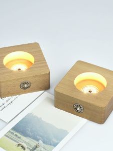 Flower Shaped Touch Switch Charging Wireless Square Solid Wood Glowing Base Night Lamp LED Crystal Lamp Holder Home Decor