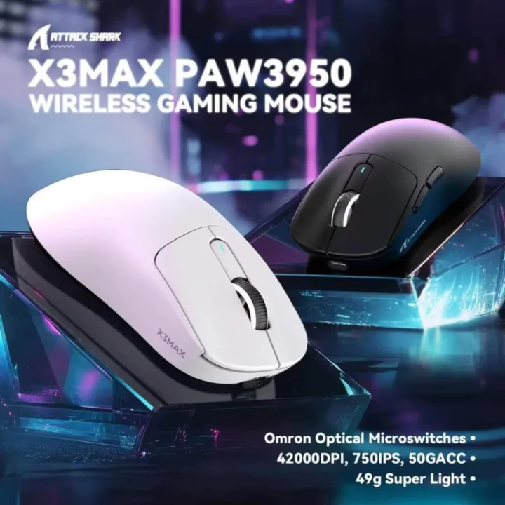 ATTACK SHARK | ATTACK SHARK X3 MAX Wireless Gaming Mouse 49g Ultralight PixArt PAW3950 42000 DPI Tri-Mode BT 5.4/2.4GHz/USB-C 1K Polling Rate