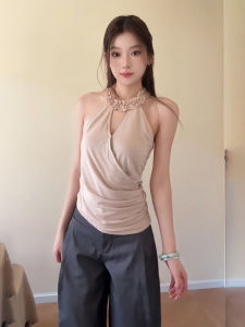 Korean Handmade Lace Shiny Knitted Halter Neck Vest Women Summer Pleated Slimming Top Ins Style Casual Versatile Neck Hanging Vest