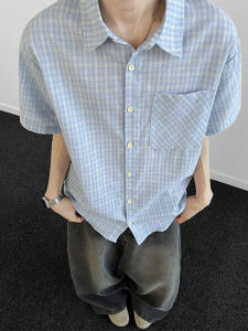 LIUBU | Light Blue Plaid Mens Summer Shirt