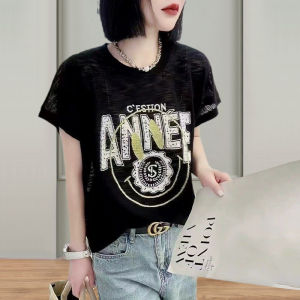 เสื้อยืดคอกลมแขนสั้นผ้าฝ้ายลายดอกไม้สไตล์เกาหลีสำหรับผู้หญิงไซส์ใหญ่ ฤดูร้อน 2023 เสื้อผ้าทำงานลำลองแบบหลวมๆ