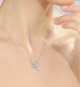 ZHOU LIU FU 周六福 S925 Sterling Silver Glass Necklace earrings with Star Butterfly Bowknot Charm Romantic Jewelry Gift for Lovers 40+5cm J0615162 J0615165 J0615166 J0615160