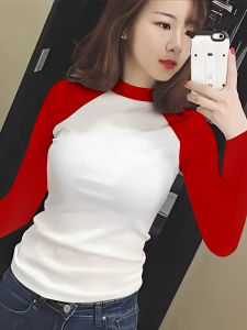 Color Block Long Sleeve T-Shirt Womens Autumn Winter Fashionable Retro Style Base Shirt Shoulder Insert Design Red Color Block T-Shirt