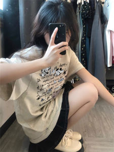 Tagkita Her and Others Womens Short Sleeve T-shirt 100% Pure Cotton Loose Fit Creative Cartoon Print Crewneck Work Clothing for Summer