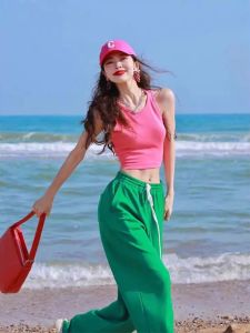 Raspberry Pink Strap Vest Womens Short Sleeveless Top Sports Style Outdoor Wear Summer Hot Girl Small Size Trendy Clothes