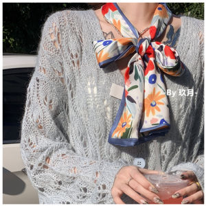 ผ้าพันคอไหมลายดอกไม้สองหน้าสไตล์ฝรั่งเศส ผ้าพันคอตกแต่งฤดูใบไม้ผลิ ผ้าพันคอสำหรับผู้หญิง ผ้าพันคอสำหรับผู้ชาย ผ้าพันคอสำหรับเด็ก