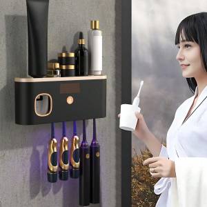 Smart Wall-Mounted UV 99% Sterile Multi-Position Toothbrush Holder with Automatic Toothpaste Squeezer and No Drilling Required