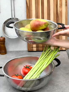 Rổ inox Kaiyo Nhật rổ inox cao cấp rổ inox có chân đế inox 304 liền khối 2 tay cầm rổ đựng đồ rau củ quả trái cây để bàn