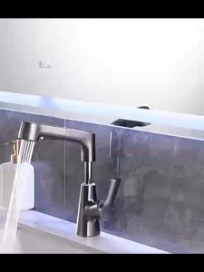 KOMOO Brass Black Cold & Hot Wash Basin Faucet: Telescopic Nozzle & Dual Mode Mixed Sink Faucet