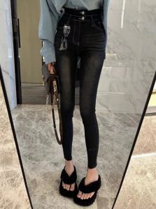 High Waist Ultra Slim Fit Double Button Elastic Stretchy Washed out Bootcut Nine-Tenths Length Denim Jeans Womens Fashion