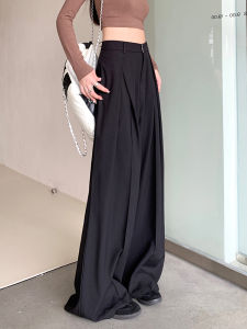 Black Casual Style Womens Wide Leg Pants Draped Loose Fitting Straight Cut Floor Length Trousers High Waist Suit Pants