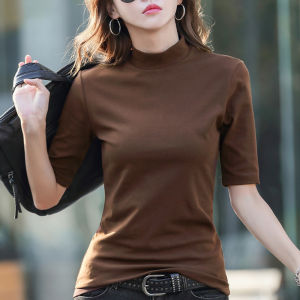 Womens Slim Fit Cotton T-Shirt Half High Collar mid Sleeve Base Shirt Spring Autumn Five Sleeve Top Korean Style Commute