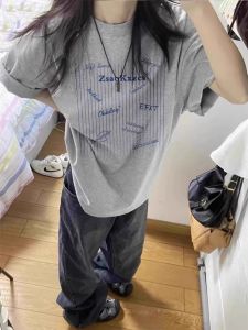 Áo Thun Cotton Tay Ngắn Màu Xám Cho Nữ Mùa Hè Phong Cách Đường Phố Mỹ Rộng Rãi Thiết Kế Nửa Tay Áo Vai Áo Thun Cotton Nguyên Chất