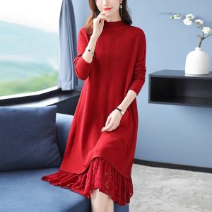 ฤดูใบไม้ร่วง ฤดูหนาว ยาว ลูกไม้ งานเย็บปะติดปะต่อ เสื้อผ้าถัก ผู้หญิง หลวม Fit เสื้อสเวตเตอร์แคชเมียร์ ยาวถึงเข่า เดรส ชุดชั้นใน แขนยาวสีบริสุทธิ์