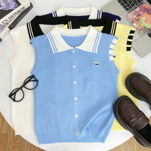 Korean College Style Polo Neck Stripe Solid Color Sleeveless Knitted Short Vest Top Women Casual Breathable Summer Fashion