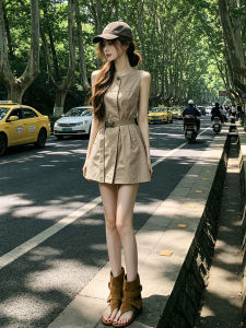 Karrar betsey | Sleeveless Kaki Workwear Style Summer Dress for Petite Figures