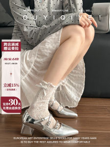 Silver Thick Heel Mary Jane Shoes Womens Cross Buckle High Heel Single Shoes Leather Version Elegant Daily Wear Fashionable