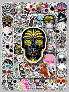 Halloween Skeleton Head Stickers 50 Pcs Decorative Ghost Face Doodle Decals for Luggage Fridge Spooky Thriller Design