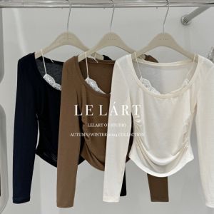 Elegant French Style Long Sleeve T-Shirt Womens Base Shirt Lace Splicing Pure Desire Fashion Commute Korean Version Slim Fit