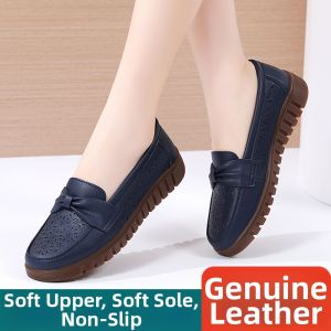 Genuine Leather Slip-On Slippers for Women Elderly Hollow out Flat Bottom Cow Tendon Soft Bottom Wide Fat Feet Large Size 4143