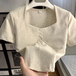 Phong Cách Hàn Quốc Ôm Vừa Vặn Vuông Cổ Áo Áo Thun Ngắn Tay Nữ Mùa Hè Mới Thiết Kế Kéo Dài Vai Mỏng Hơn Áo