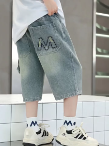 Short Jeans for Kids Boys Outfit Cool New Summer Korean Style 6-17yrs Fashionable Versatile Comfortable Fabric Elastic Waist Straight Leg Maong Boys Denim Shorts Letter Embroidery