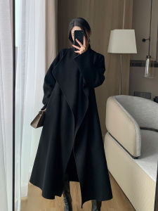 Double-Sided Woolen Long Coat for Women Black Loose Fit Korean Style Hepburn Style Half Open Collar Button Pocket Pure Color