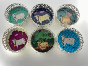 Decorative Pichwai Printed Metal Tray | Lightweight| Ideal for Diwali Wedding Gifts & Pooja Décor (1 Pc 6 Inches)