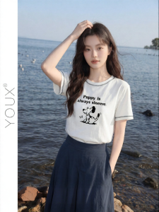 YOUXIANG | Áo Thun Dễ Thương Mùa Hè Form Rộng In Hình Chó Tròn Cổ Mới