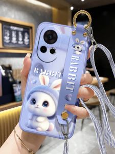 Huawei Nova12 pro Cute Rabbit Silicone Phone Case with Wristband Stand Anti-Fall Full Cover Protective Cover for Couples Women Crossbody Neck Rope Strap