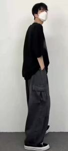 Spring Autumn Men Vintage Wide‑Leg Jeans Big Pockets Y2K Neutral Loose Straight High Street Hip‑Hop Casual Trousers